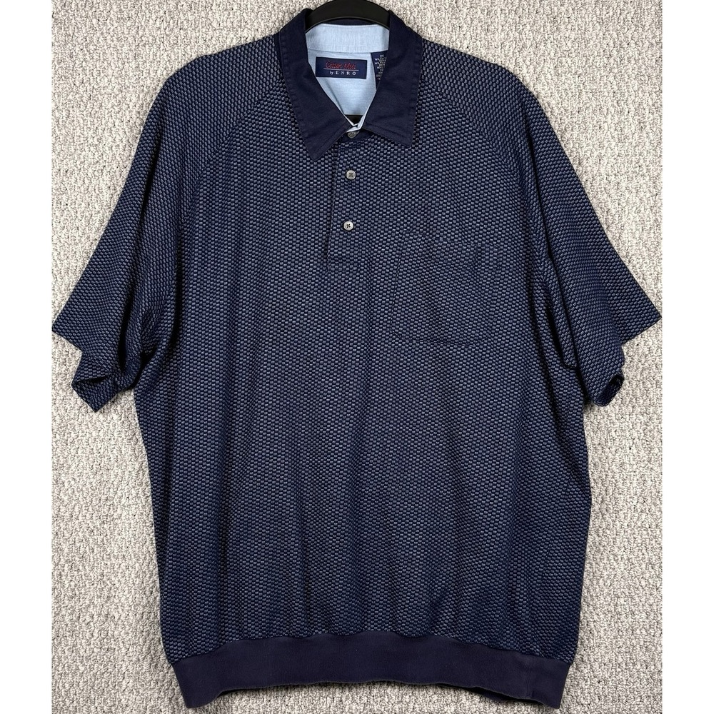 Vintage 90s Enro Cotton Mist Knit Polo Shirt Mens 2X Blue Textured Banded Hem